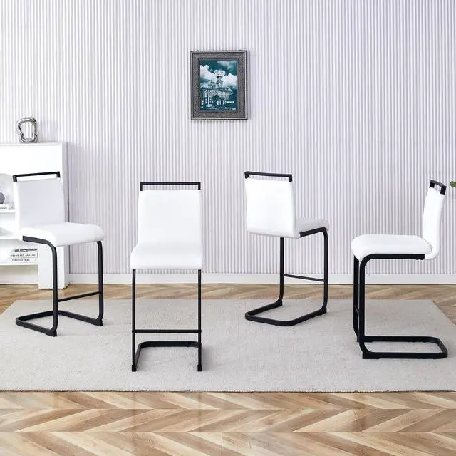 Main image of Bar Stools Set of 4,Counter Height Bar Stools with Backs,White Faux Leather Kitchen Stools with Black Powder Coated Metal Legs,High Dining Chair Ideal for Kitchen Counter Dining Island Bar Pub