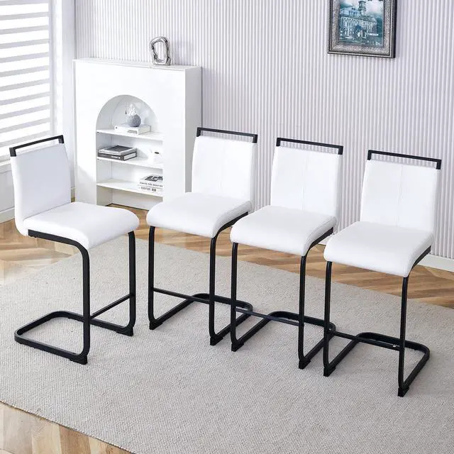 Alt view image 2 of 6 - Bar Stools Set of 4,Counter Height Bar Stools with Backs,White Faux Leather Kitchen Stools with Black Powder Coated Metal Legs,High Dining Chair Ideal for Kitchen Counter Dining Island Bar Pub