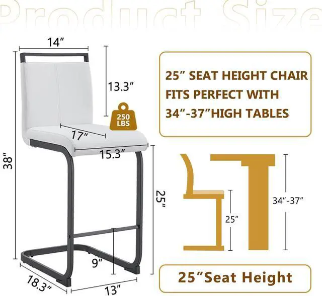 Alt view image 3 of 6 - Bar Stools Set of 4,Counter Height Bar Stools with Backs,White Faux Leather Kitchen Stools with Black Powder Coated Metal Legs,High Dining Chair Ideal for Kitchen Counter Dining Island Bar Pub