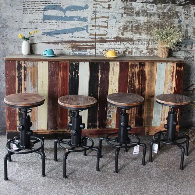 Alt view image 2 of 7 - Vintage Industrial Bar Stools,Kitchen Counter Bar Stool Height Adjustable 23.6"-29.5" Swivel Bar Stool, Solid Wood Water Pipe Fire Cafe Pub Bar Stool,Set of 2, Black