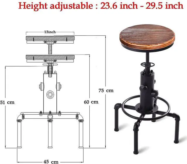Alt view image 3 of 7 - Vintage Industrial Bar Stools,Kitchen Counter Bar Stool Height Adjustable 23.6"-29.5" Swivel Bar Stool, Solid Wood Water Pipe Fire Cafe Pub Bar Stool,Set of 2, Black