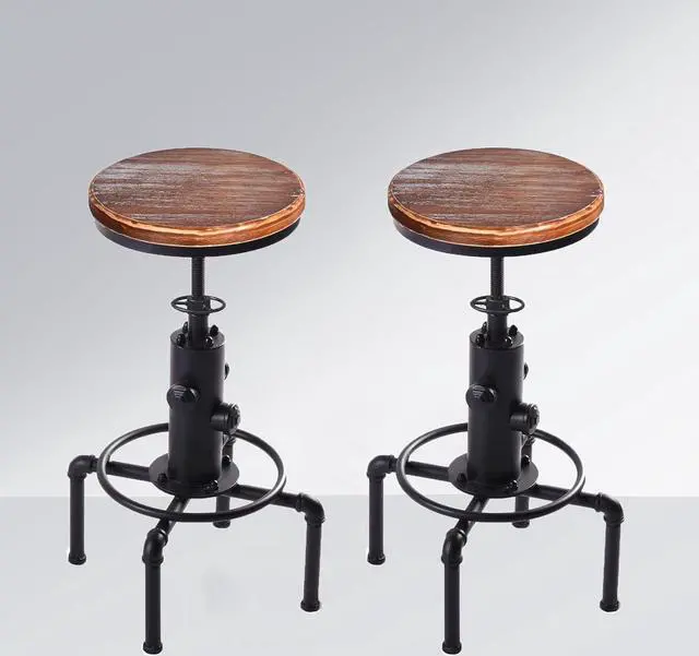 Alt view image 4 of 7 - Vintage Industrial Bar Stools,Kitchen Counter Bar Stool Height Adjustable 23.6"-29.5" Swivel Bar Stool, Solid Wood Water Pipe Fire Cafe Pub Bar Stool,Set of 2, Black