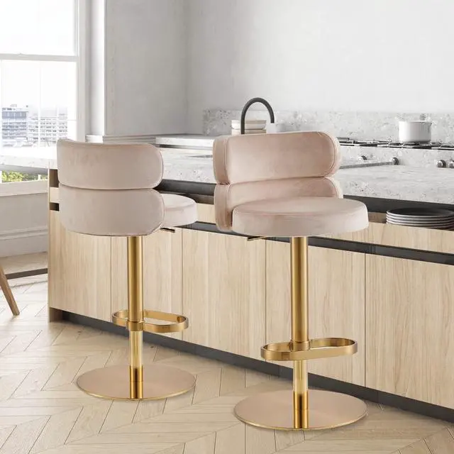 Alt view image 7 of 7 - Modern Khaki Single Velvet Upholstered Counter Stool with Gold Metal Leg and Foot Rest Premium Flannel Comfortable Adjustable Height Bar Stool Cushioned Velvet bar Chair Upholstery (1PCS)