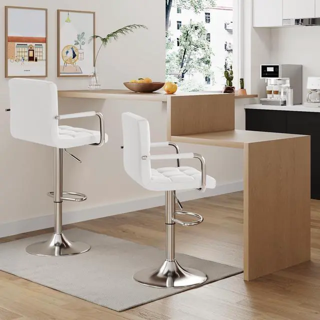 Alt view image 2 of 7 - Furmax Bar Stools with Armrest Modern PU Leather Swivel Adjustable Hydraulic Bar Stool X-Large Base and Seat Square Counter Height Stool Set of 2 (White)
