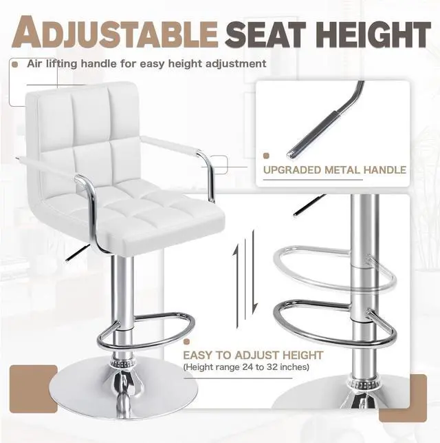 Alt view image 6 of 7 - Furmax Bar Stools with Armrest Modern PU Leather Swivel Adjustable Hydraulic Bar Stool X-Large Base and Seat Square Counter Height Stool Set of 2 (White)