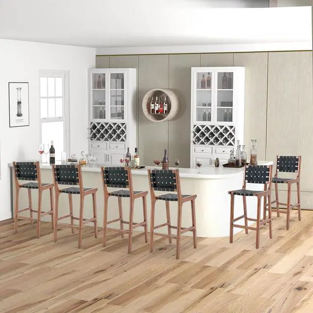 Main image of Bonzy Home 28" Woven Counter Height Bar Stools Set of 6, Faux Leather Barstool Chairs with Back and Wooden Legs, Comfy Farmhouse Bar Height Stools for Kitchen Island, Black