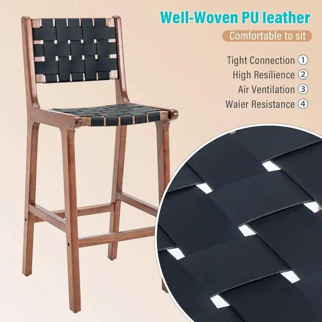 Alt view image 2 of 5 - Bonzy Home 28" Woven Counter Height Bar Stools Set of 6, Faux Leather Barstool Chairs with Back and Wooden Legs, Comfy Farmhouse Bar Height Stools for Kitchen Island, Black