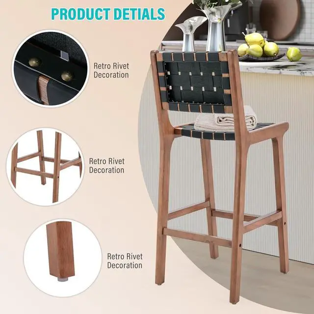 Alt view image 3 of 5 - Bonzy Home 28" Woven Counter Height Bar Stools Set of 6, Faux Leather Barstool Chairs with Back and Wooden Legs, Comfy Farmhouse Bar Height Stools for Kitchen Island, Black