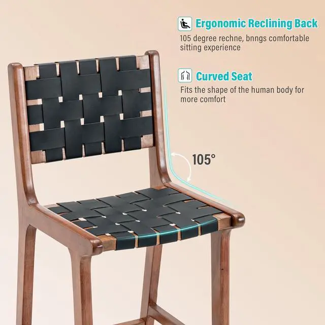 Alt view image 4 of 5 - Bonzy Home 28" Woven Counter Height Bar Stools Set of 6, Faux Leather Barstool Chairs with Back and Wooden Legs, Comfy Farmhouse Bar Height Stools for Kitchen Island, Black