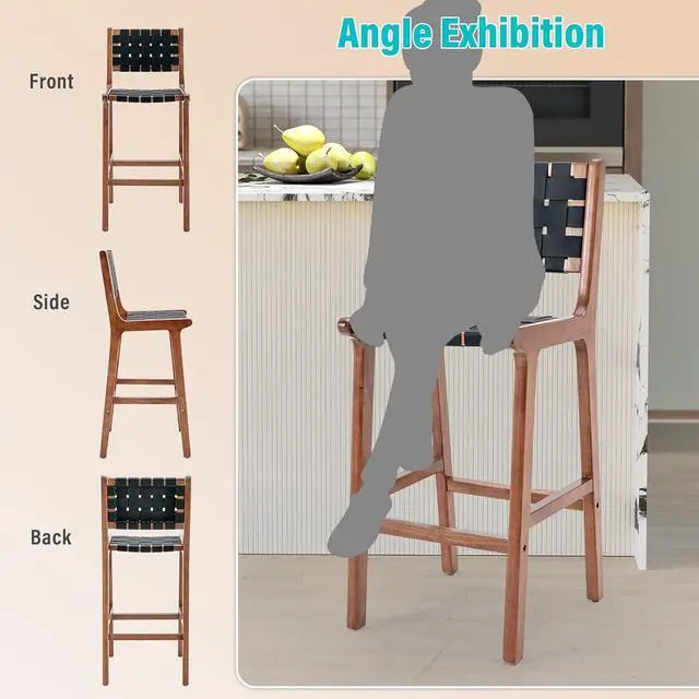 Alt view image 5 of 5 - Bonzy Home 28" Woven Counter Height Bar Stools Set of 6, Faux Leather Barstool Chairs with Back and Wooden Legs, Comfy Farmhouse Bar Height Stools for Kitchen Island, Black