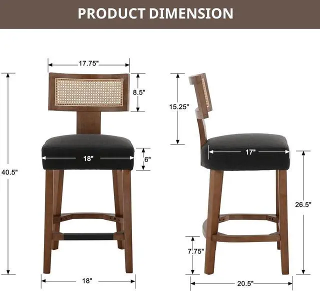 Alt view image 2 of 7 - 26 Rattan Barstool with Back Counter Height Bar Stool Set of 4, Charcoal Linen Modern Kitchen Counter Stool Upholstered Farmhouse Wicker Bar Stool, Boho Bar Stool Chairs with Natural Wood Frame