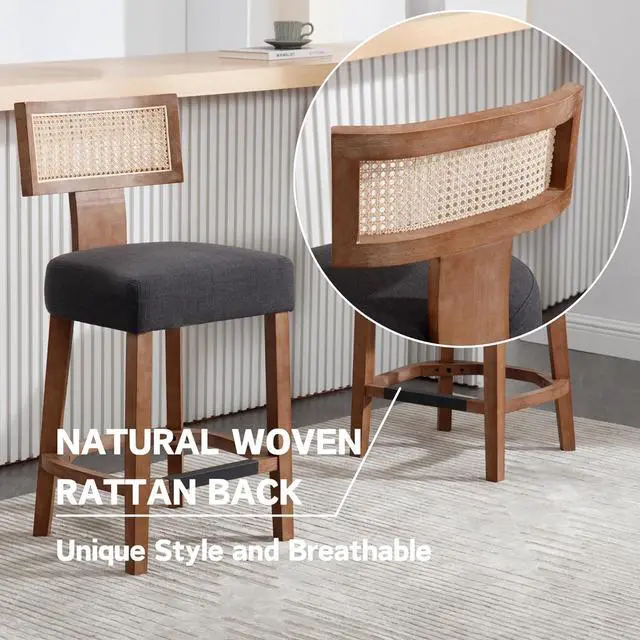 Alt view image 4 of 7 - 26 Rattan Barstool with Back Counter Height Bar Stool Set of 4, Charcoal Linen Modern Kitchen Counter Stool Upholstered Farmhouse Wicker Bar Stool, Boho Bar Stool Chairs with Natural Wood Frame