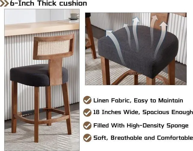 Alt view image 5 of 7 - 26 Rattan Barstool with Back Counter Height Bar Stool Set of 4, Charcoal Linen Modern Kitchen Counter Stool Upholstered Farmhouse Wicker Bar Stool, Boho Bar Stool Chairs with Natural Wood Frame
