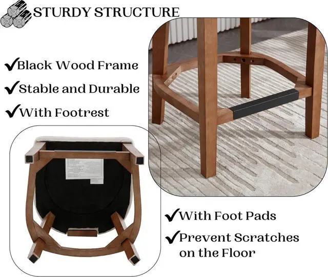 Alt view image 6 of 7 - 26 Rattan Barstool with Back Counter Height Bar Stool Set of 4, Charcoal Linen Modern Kitchen Counter Stool Upholstered Farmhouse Wicker Bar Stool, Boho Bar Stool Chairs with Natural Wood Frame