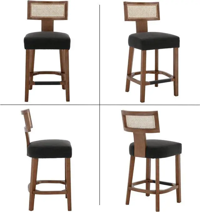 Alt view image 7 of 7 - 26 Rattan Barstool with Back Counter Height Bar Stool Set of 4, Charcoal Linen Modern Kitchen Counter Stool Upholstered Farmhouse Wicker Bar Stool, Boho Bar Stool Chairs with Natural Wood Frame