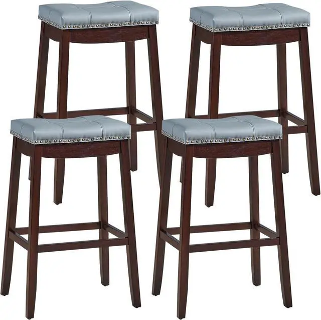 Main image of COSTWAY Bar Stools Set of 4, 29-Inch Height Backless Counter Stool with Footrest, Soft Seat Cushion, Wood Legs and Non-Slip Foot Pad, Saddle Stools for Home Kitchen Living Room, Stone Gray+Dark Brown