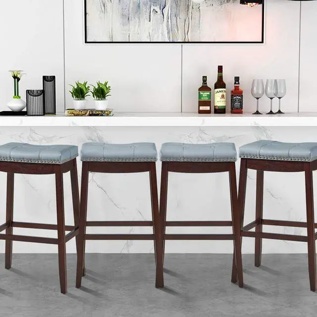Alt view image 2 of 7 - COSTWAY Bar Stools Set of 4, 29-Inch Height Backless Counter Stool with Footrest, Soft Seat Cushion, Wood Legs and Non-Slip Foot Pad, Saddle Stools for Home Kitchen Living Room, Stone Gray+Dark Brown