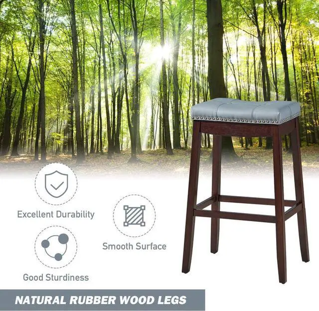 Alt view image 5 of 7 - COSTWAY Bar Stools Set of 4, 29-Inch Height Backless Counter Stool with Footrest, Soft Seat Cushion, Wood Legs and Non-Slip Foot Pad, Saddle Stools for Home Kitchen Living Room, Stone Gray+Dark Brown