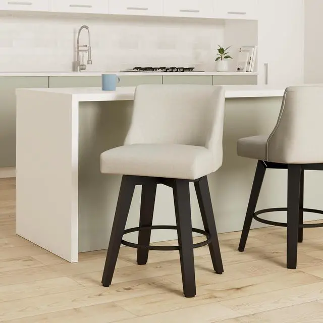 Alt view image 2 of 7 - Counter Height Swivel Bar Stools Set of 2, Performance Fabric Upholstered Counter Stools with Back for Kitchen Island, Counter Stools with 26 Inch Seat Height, Solid Wood Legs, Ivory