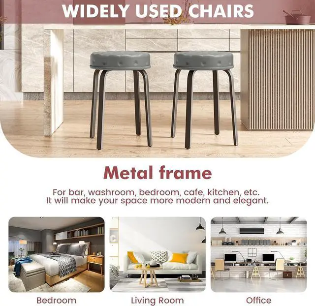 Alt view image 6 of 7 - Bar Stool Set of 2, 18.5 Inch Backless Round PU Leather Stool with Metal Legs, Modern Stackable Upholstered Short Stools Chairs for Dining Room, Kitchen, Party, Living and Classroom