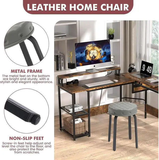 Alt view image 5 of 7 - Bar Stool Set of 2, 18.5 Inch Backless Round PU Leather Stool with Metal Legs, Modern Stackable Upholstered Short Stools Chairs for Dining Room, Kitchen, Party, Living and Classroom