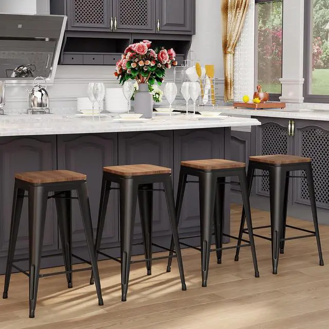 Main image of 24 inch Bar Stools Set of 4 Counter Height Stools Stackable Bar Stool Backless Metal Barstools Matte Black Counter Stools Indoor for Kitchen & Island&Dining Chairs Set of 4