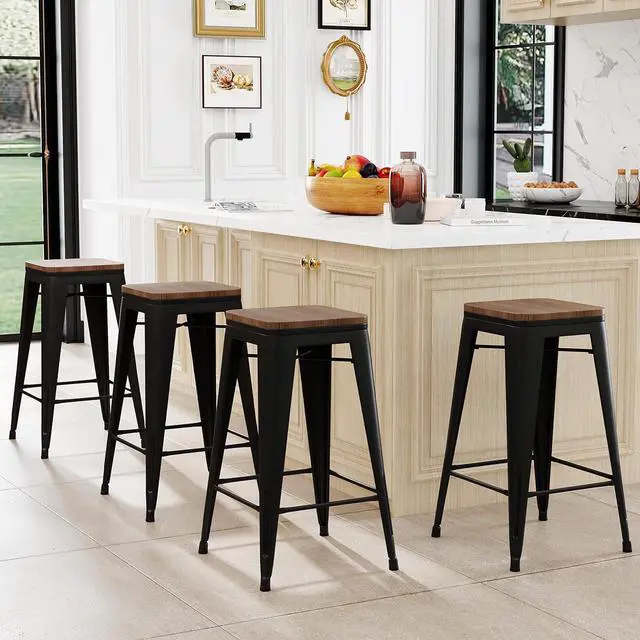 Alt view image 3 of 7 - 24 inch Bar Stools Set of 4 Counter Height Stools Stackable Bar Stool Backless Metal Barstools Matte Black Counter Stools Indoor for Kitchen & Island&Dining Chairs Set of 4