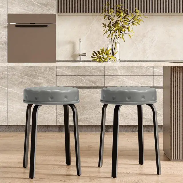 Alt view image 7 of 7 - Bar Stool Set of 2, 18.5 Inch Backless Round PU Leather Stool with Metal Legs, Modern Stackable Upholstered Short Stools Chairs for Dining Room, Kitchen, Party, Living and Classroom