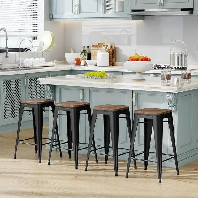 Alt view image 6 of 7 - 24 inch Bar Stools Set of 4 Counter Height Stools Stackable Bar Stool Backless Metal Barstools Matte Black Counter Stools Indoor for Kitchen & Island&Dining Chairs Set of 4