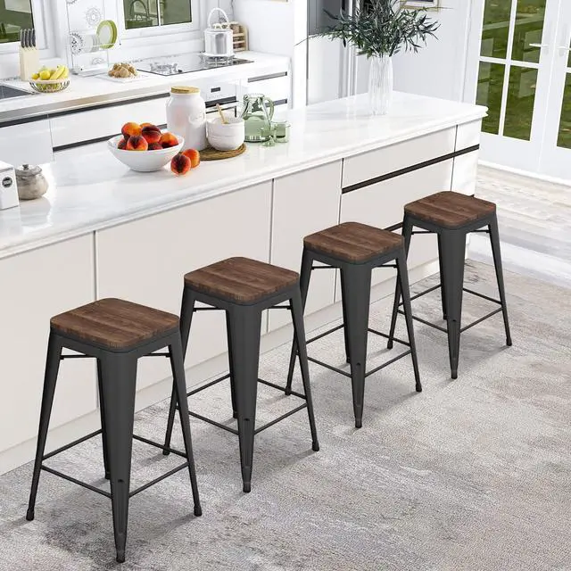 Alt view image 7 of 7 - 24 inch Bar Stools Set of 4 Counter Height Stools Stackable Bar Stool Backless Metal Barstools Matte Black Counter Stools Indoor for Kitchen & Island&Dining Chairs Set of 4