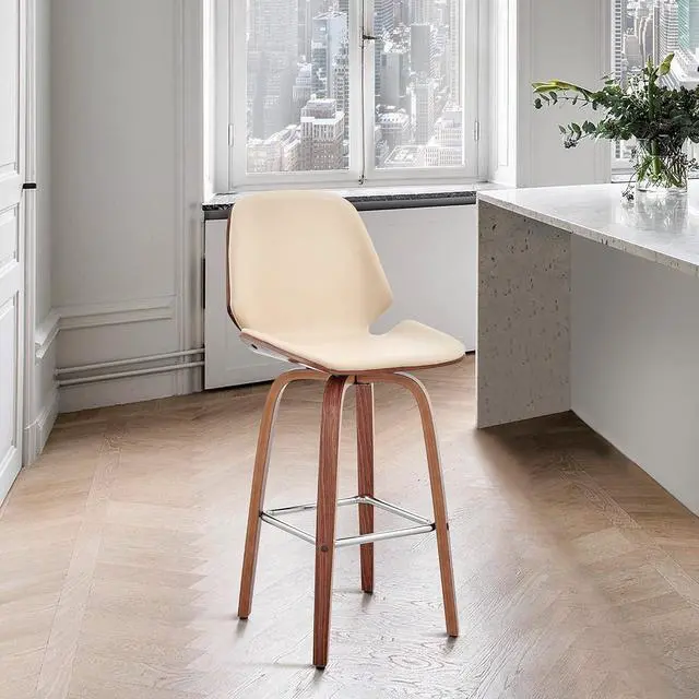 Alt view image 2 of 7 - Armen Living Arabela Mid Century Modern Swivel Bar Stool for Kitchen Island Counter in Cream Faux Leather and Walnut Wood, 26" Seat Height