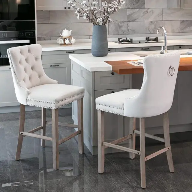 Alt view image 2 of 5 - Aoowow Velvet Upholstered Counter Height Bar Stools Set of 2, Counterstool Seat Height 26.3", Wingback Armless Bar Chairs Button Tufted with Solid Wood Legs for Kitchen Island Bar Area(Beige)