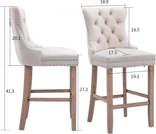 Alt view image 3 of 5 - Aoowow Velvet Upholstered Counter Height Bar Stools Set of 2, Counterstool Seat Height 27.2", Wingback Armless Bar Chairs Button Tufted with Solid Wood Legs for Kitchen Island Bar Area(Beige)