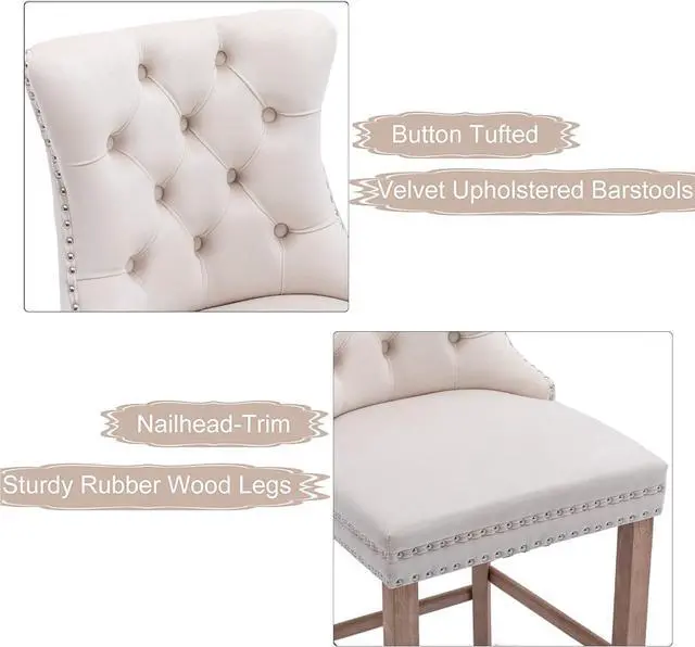 Alt view image 4 of 5 - Aoowow Velvet Upholstered Counter Height Bar Stools Set of 2, Counterstool Seat Height 26.3", Wingback Armless Bar Chairs Button Tufted with Solid Wood Legs for Kitchen Island Bar Area(Beige)