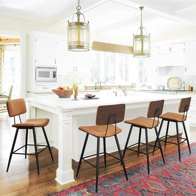 Main image of Bentwood Counter Height Bar Stool Set of 4, Whiskey Brown PU Leather Upholstered Barstools with Back, Footrest and Metal Legs, Bar Chairs 24.5 Inch for Kitchen/Dining Room/Bar/Basement