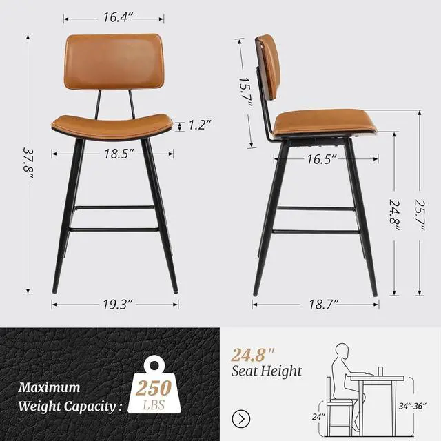 Alt view image 2 of 7 - Bentwood Counter Height Bar Stool Set of 4, Whiskey Brown PU Leather Upholstered Barstools with Back, Footrest and Metal Legs, Bar Chairs 24.5 Inch for Kitchen/Dining Room/Bar/Basement
