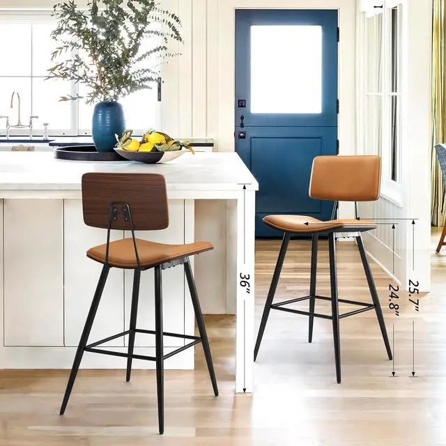 Alt view image 3 of 7 - Bentwood Counter Height Bar Stool Set of 4, Whiskey Brown PU Leather Upholstered Barstools with Back, Footrest and Metal Legs, Bar Chairs 24.5 Inch for Kitchen/Dining Room/Bar/Basement