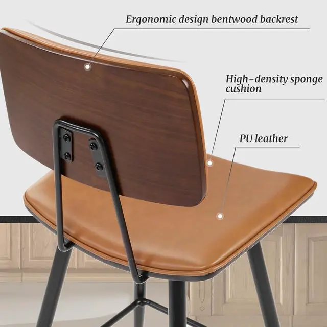 Alt view image 5 of 7 - Bentwood Counter Height Bar Stool Set of 4, Whiskey Brown PU Leather Upholstered Barstools with Back, Footrest and Metal Legs, Bar Chairs 24.5 Inch for Kitchen/Dining Room/Bar/Basement