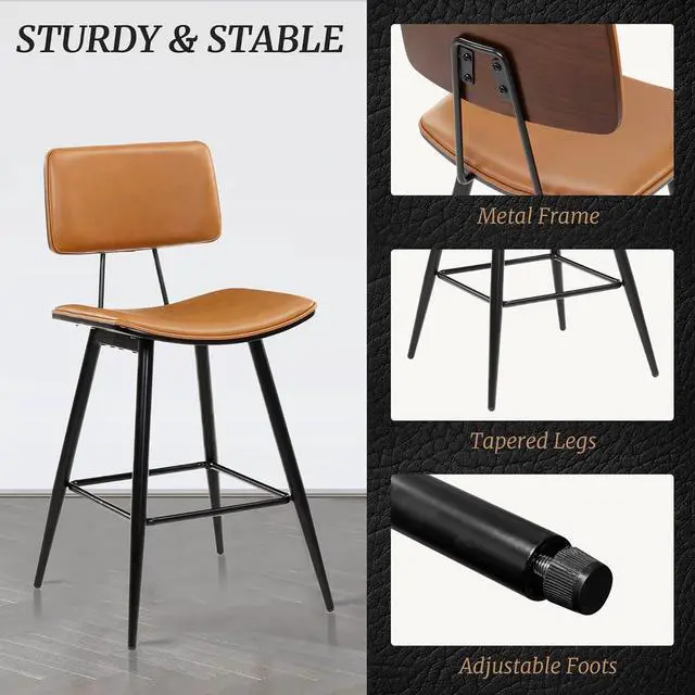 Alt view image 6 of 7 - Bentwood Counter Height Bar Stool Set of 4, Whiskey Brown PU Leather Upholstered Barstools with Back, Footrest and Metal Legs, Bar Chairs 24.5 Inch for Kitchen/Dining Room/Bar/Basement