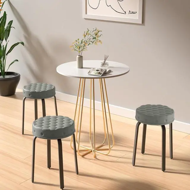 Alt view image 2 of 7 - Bar Stool Set of 2, 18.5 Inch Backless Round PU Leather Stool with Metal Legs, Modern Stackable Upholstered Short Stools Chairs for Dining Room, Kitchen, Party, Living and Classroom