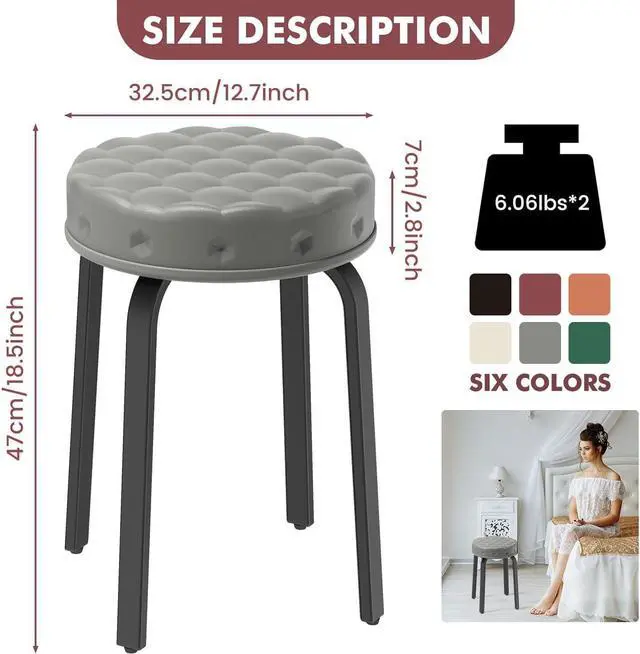 Alt view image 3 of 7 - Bar Stool Set of 2, 18.5 Inch Backless Round PU Leather Stool with Metal Legs, Modern Stackable Upholstered Short Stools Chairs for Dining Room, Kitchen, Party, Living and Classroom