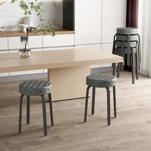 Alt view image 4 of 7 - Bar Stool Set of 2, 18.5 Inch Backless Round PU Leather Stool with Metal Legs, Modern Stackable Upholstered Short Stools Chairs for Dining Room, Kitchen, Party, Living and Classroom