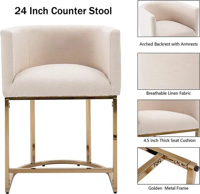 Alt view image 4 of 7 - Contemporary Cream Linen Bar Stools Set of 3, 24" Upholstered Fabric Counter Height Barstools Kitchen Counter Island Stools with Screwed Together Golden Metal Base
