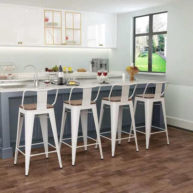 Alt view image 3 of 5 - Metal Bar Stools Set of 4 Barstools Counter Height Bar Stools with Back Industrial Bar Stool Indoor Counter Stool Kitchen Island Stools Modern Bar Chair with Wood Top 26 inch White Cream