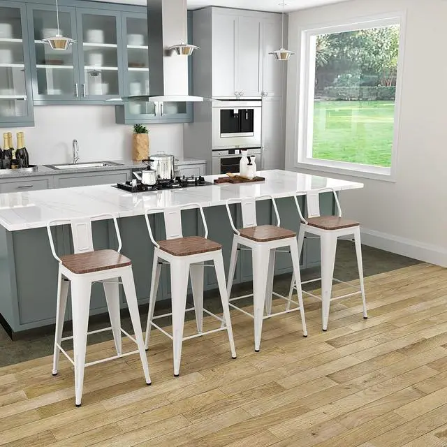 Alt view image 5 of 5 - Metal Bar Stools Set of 4 Barstools Counter Height Bar Stools with Back Industrial Bar Stool Indoor Counter Stool Kitchen Island Stools Modern Bar Chair with Wood Top 26 inch White Cream
