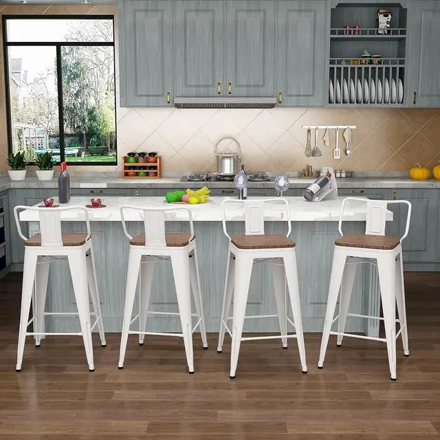 Alt view image 4 of 5 - Metal Bar Stools Set of 4 Barstools Counter Height Bar Stools with Back Industrial Bar Stool Indoor Counter Stool Kitchen Island Stools Modern Bar Chair with Wood Top 26 inch White Cream