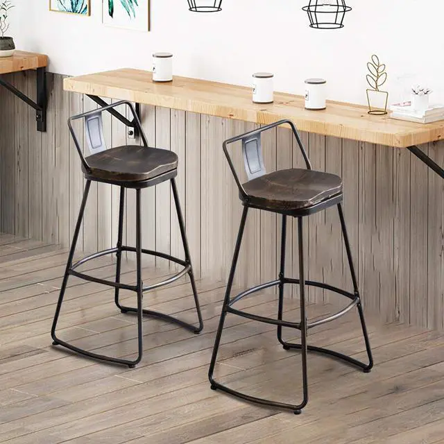 Alt view image 3 of 7 - Yongqiang 24" Swivel Bar Stools Set of 2 Metal Counter Height Barstools with Wooden Seat Low Back Industrial Bar Chairs Distressed Gold Black
