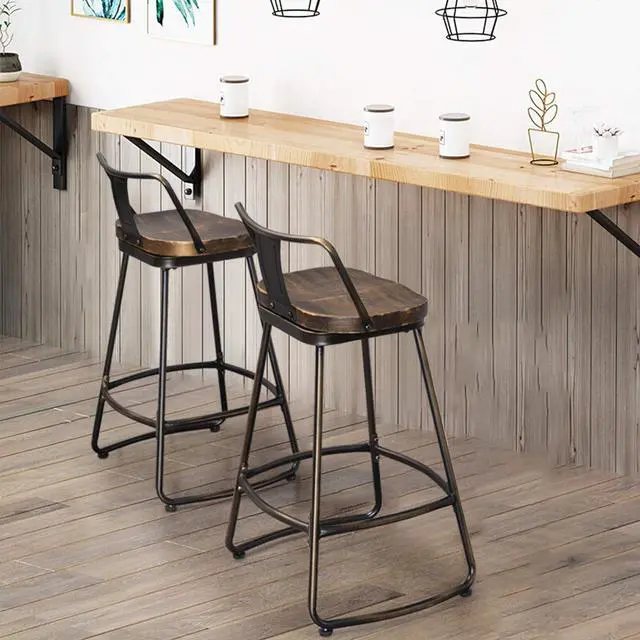 Alt view image 4 of 7 - Yongqiang 24" Swivel Bar Stools Set of 2 Metal Counter Height Barstools with Wooden Seat Low Back Industrial Bar Chairs Distressed Gold Black