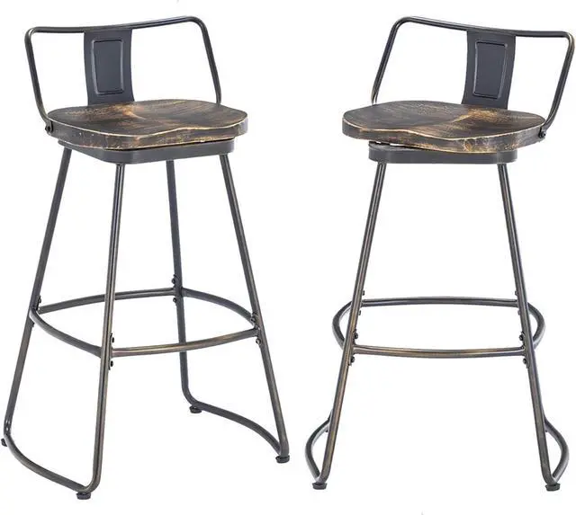 Alt view image 6 of 7 - Yongqiang 24" Swivel Bar Stools Set of 2 Metal Counter Height Barstools with Wooden Seat Low Back Industrial Bar Chairs Distressed Gold Black