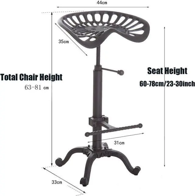 Alt view image 2 of 7 - Industrial Bar Stool-Swivel Tractor Seat-Kitchen Dining Counter Chair-Extra Pub Height- Adjustable 24.8-31"-Iron Cast Design